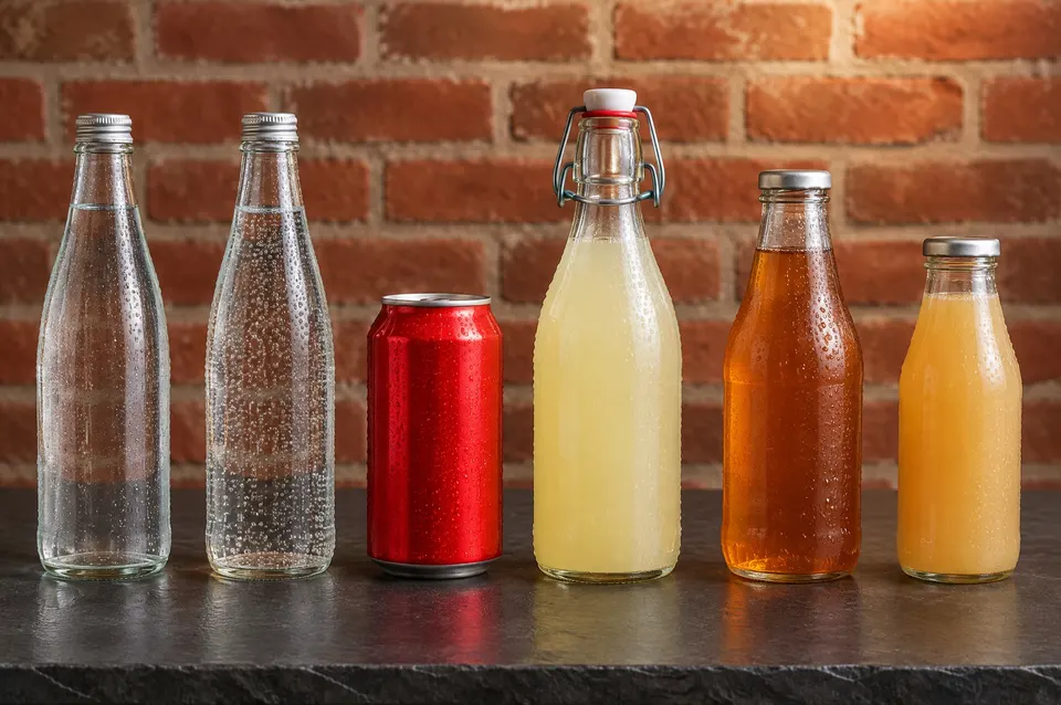 Les six boissons alignées sur le comptoir : eau plate, eau gazeuse, cola, limonade, thé glacé, jus de pomme.