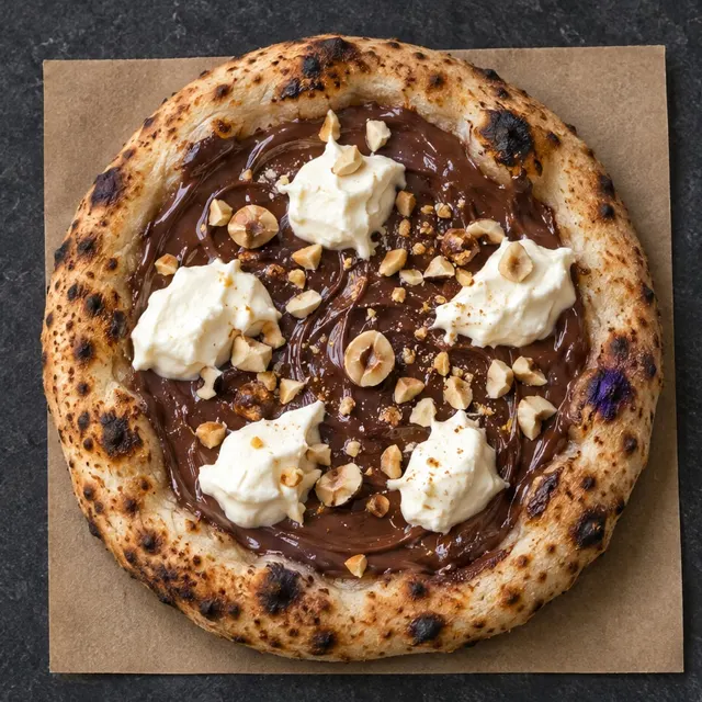 Pizza dessert à la pâte à tartiner aux noisettes et au mascarpone.