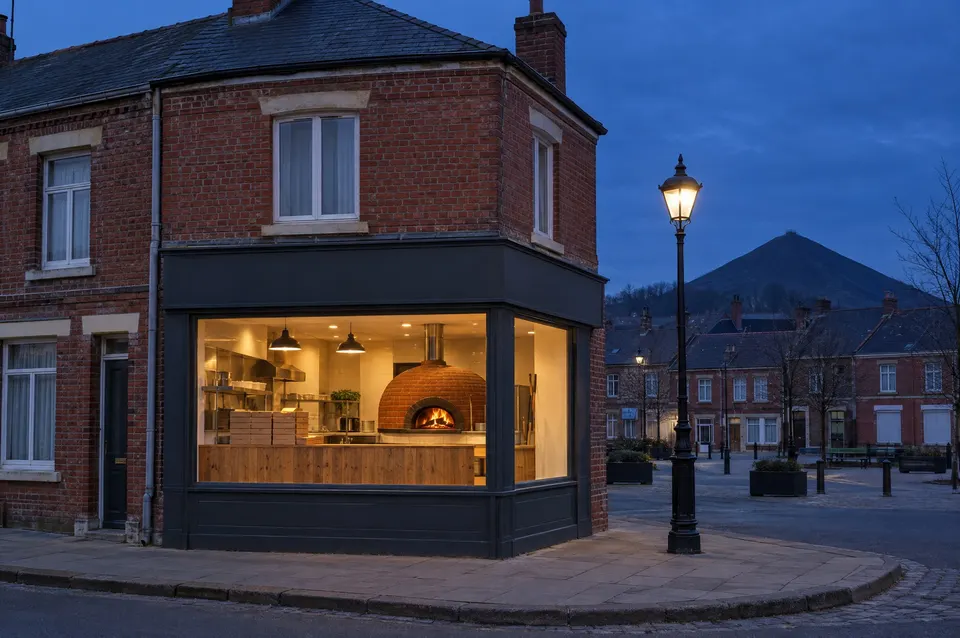 La pizzeria au crépuscule, à l'angle de la place : vitrine éclairée, four en brique au fond, et le terril derrière les toits.