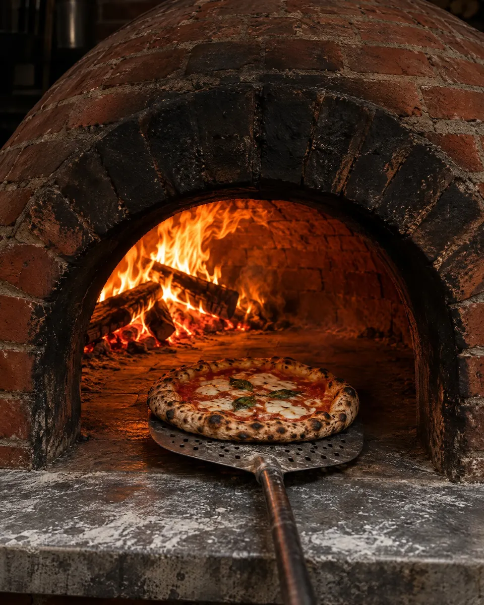 La bouche du four à bois en brique : une pizza entre vers les flammes, puis ressort sur la pelle.