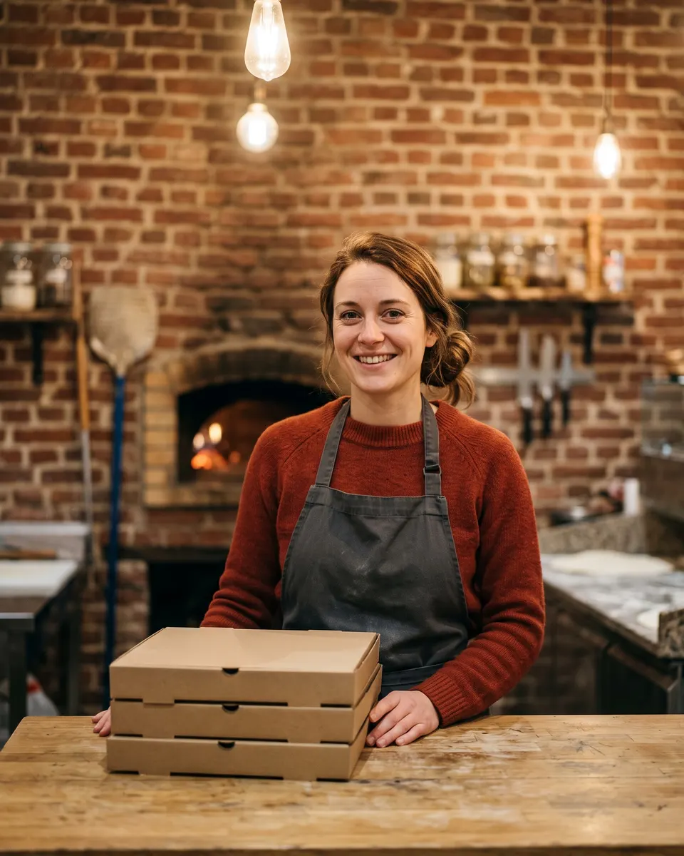 Inès Carlier, pull rouille et tablier gris, derrière le comptoir en bois et une pile de boîtes à pizza.