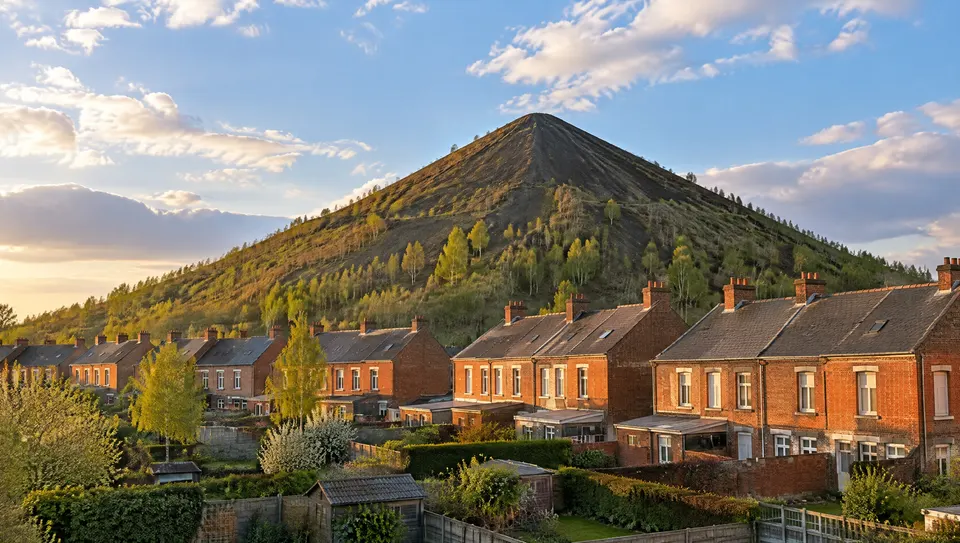 Un terril couvert de bouleaux au-dessus des maisons de brique d'une cité minière, en fin d'après-midi.